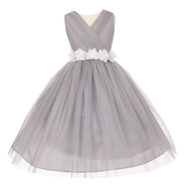 Little Girls Silver White Chiffon Floral Sash Tulle Flower Girl Dress 2-6 - SophiasStyle.com