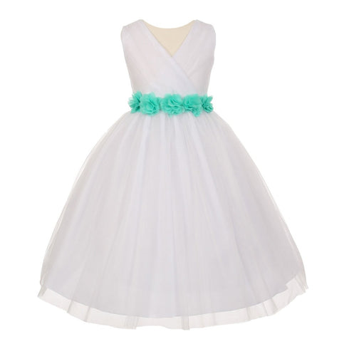 Little Girls White Aqua Chiffon Floral Sash Tulle Flower Girl Dress 2-6 - SophiasStyle.com