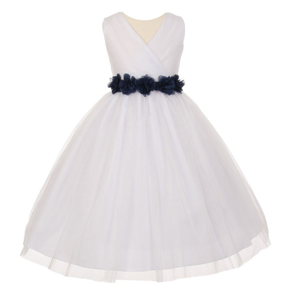Big Girls White Navy Chiffon Flowers Tulle Junior Bridesmaid Dress 14 - SophiasStyle.com