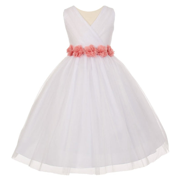 Big Girls White Blush Chiffon Flowers Tulle Junior Bridesmaid Dress 8-14 - SophiasStyle.com