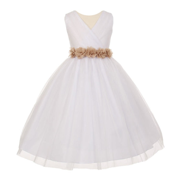 Little Girls White Champagne Chiffon Floral Sash Tulle Flower Girl Dress 2-6 - SophiasStyle.com