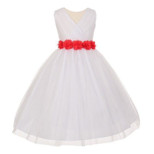 Big Girls White Coral Chiffon Flowers Tulle Junior Bridesmaid Dress 8-14 - SophiasStyle.com