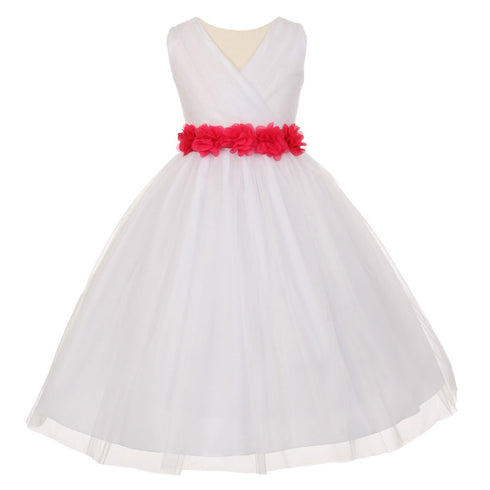 Little Girls White Fuchsia Chiffon Floral Sash Tulle Flower Girl Dress 2-6 - SophiasStyle.com