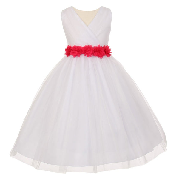 Big Girls White Fuchsia Chiffon Flowers Tulle Junior Bridesmaid Dress 8-14 - SophiasStyle.com