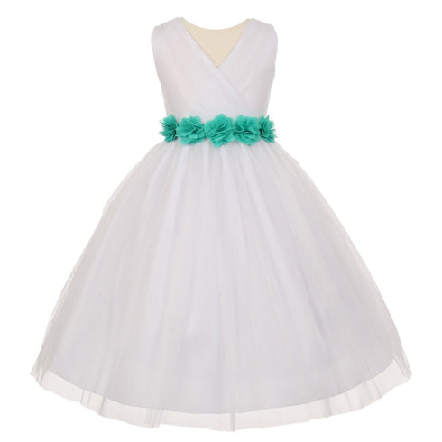 Little Girls White Jade Chiffon Floral Sash Tulle Flower Girl Dress 2-6 - SophiasStyle.com
