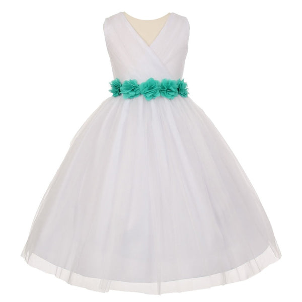 Big Girls White Jade Chiffon Flowers Tulle Junior Bridesmaid Dress 8-14 - SophiasStyle.com