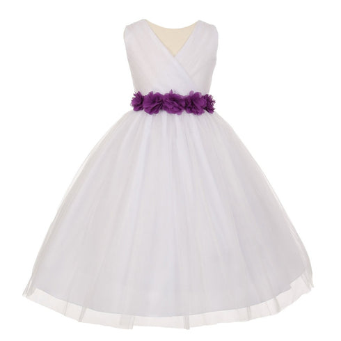 Big Girls White Purple Chiffon Flowers Tulle Junior Bridesmaid Dress 8-14 - SophiasStyle.com