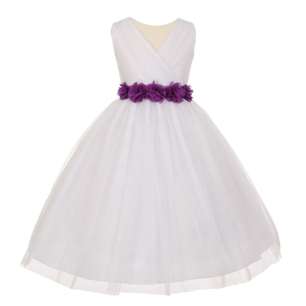 Big Girls White Purple Chiffon Flowers Tulle Junior Bridesmaid Dress 8-14 - SophiasStyle.com