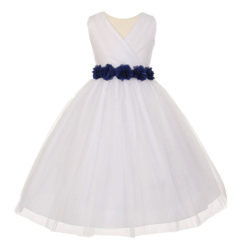 Little Girls White Royal Blue Chiffon Floral Sash Tulle Flower Girl Dress 2-6 - SophiasStyle.com