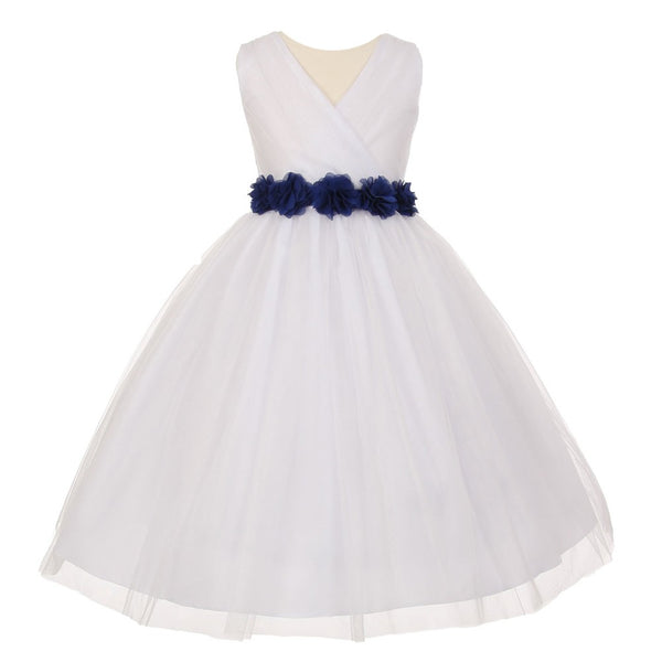 Big Girls White Royal Blue Chiffon Flowers Tulle Junior Bridesmaid Dress 8-14 - SophiasStyle.com