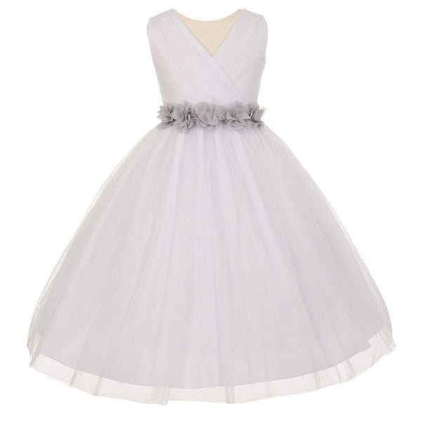 Little Girls White Silver Chiffon Floral Sash Tulle Flower Girl Dress 2-6 - SophiasStyle.com