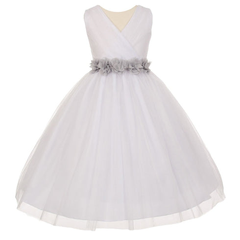 Big Girls White Silver Chiffon Flowers Tulle Junior Bridesmaid Dress 8-14 - SophiasStyle.com