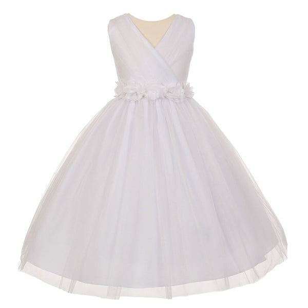Little Girls White Chiffon Floral Sash Shiny Tulle Flower Girl Dress 2-6 - SophiasStyle.com
