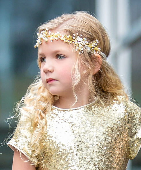 Petite Adele Girls Satin Gold Embellishments Hair Wreath Tiara - SophiasStyle.com