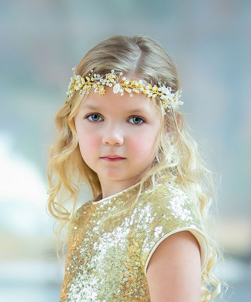 Petite Adele Girls Satin Gold Embellishments Hair Wreath Tiara - SophiasStyle.com
