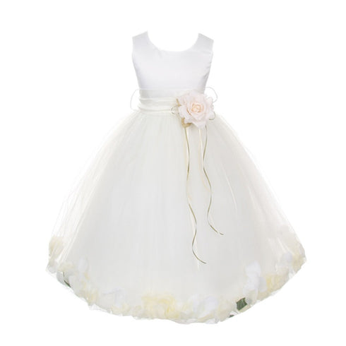Kids Dream Big Girls White Satin Ivory Petal Sash Flower Girl Dress 8-12 - SophiasStyle.com
