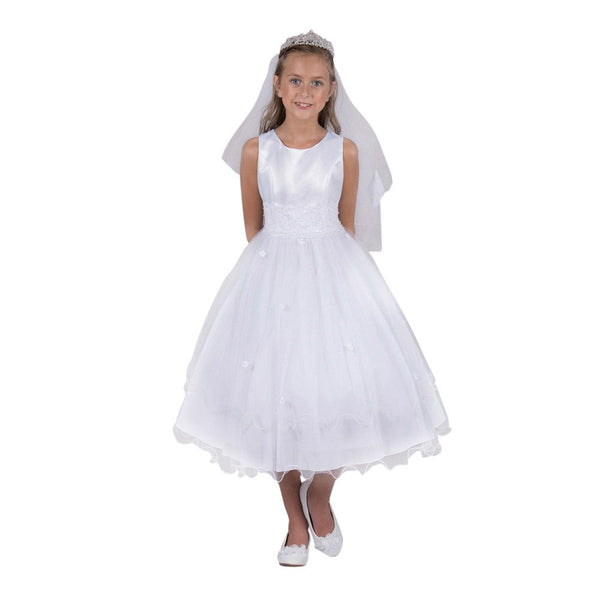 Kids Dream Girls' White Satin Lace Beadwork Wire Hem Communion Dress, Sizes 2-16 - SophiasStyle.com
