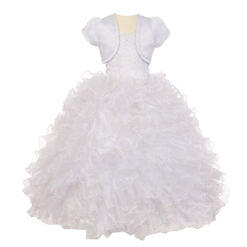 Rainkids Little Girls White Sequin Sparkly Ruffle Organza Communion Dress 6 - SophiasStyle.com