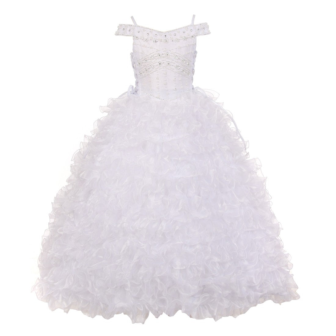 Rainkids Big Girls White Rhinestone Pearl Off Shoulder Communion Dress