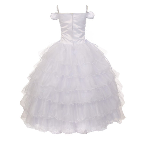 Rainkids Big Girls White Off Shoulder Sparkly Ruffle First Communion Dress 7-20 - SophiasStyle.com