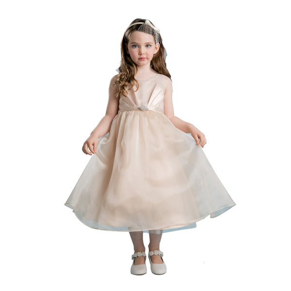 Petite Adele Little Girls Champagne Satin Organza Brooch Flower Girl Dress 2T-6 - SophiasStyle.com