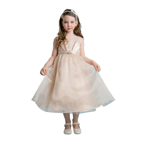Petite Adele Big Girls Champagne Satin Organza Junior Bridesmaid Dress 8-12 - SophiasStyle.com
