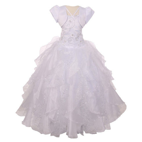 RainKids Big Girls White Sequin Flower Layer Organza Tulle Communion Dress 7-18 - SophiasStyle.com