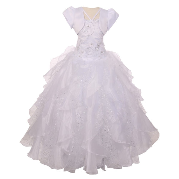 RainKids Big Girls White Sequin Flower Layer Organza Tulle Communion Dress 7-18 - SophiasStyle.com