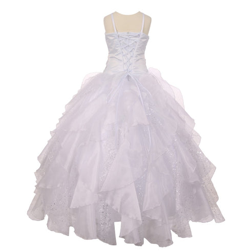 RainKids Big Girls White Sequin Flower Layer Organza Tulle Communion Dress 7-18 - SophiasStyle.com
