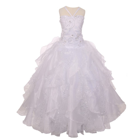 RainKids Big Girls White Sequin Flower Layer Organza Tulle Communion Dress 7-18 - SophiasStyle.com