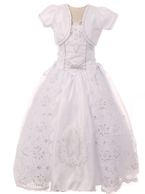 Big Girls White Satin Embroidered Lace Criss Cross Bolero Communion Dress 7-24 - SophiasStyle.com