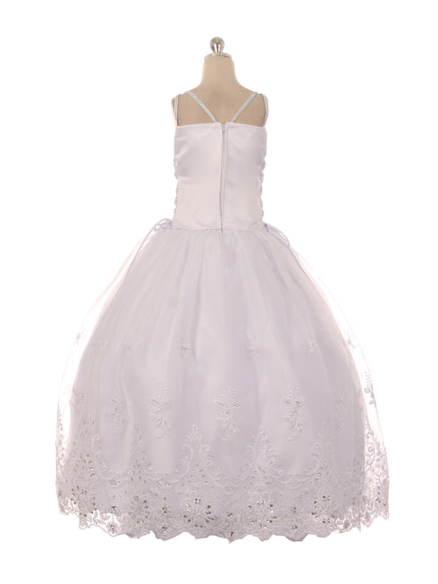 Big Girls White Satin Embroidered Lace Criss Cross Bolero Communion Dress 7-24 - SophiasStyle.com