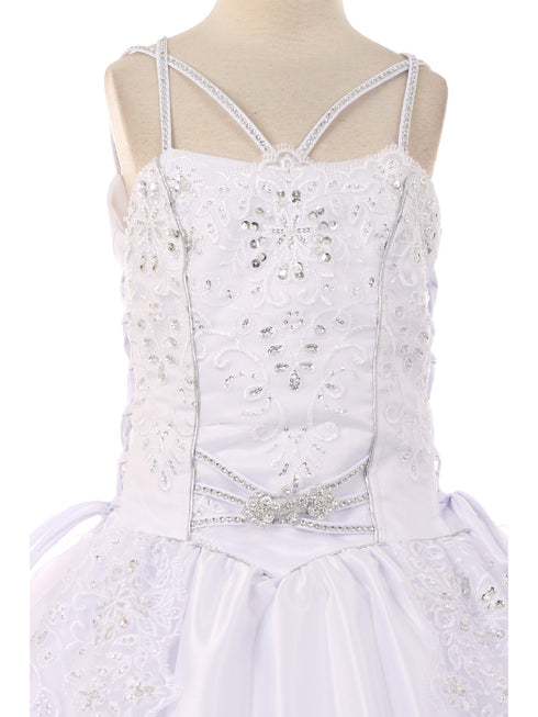 Big Girls White Satin Embroidered Lace Criss Cross Bolero Communion Dress 7-24 - SophiasStyle.com