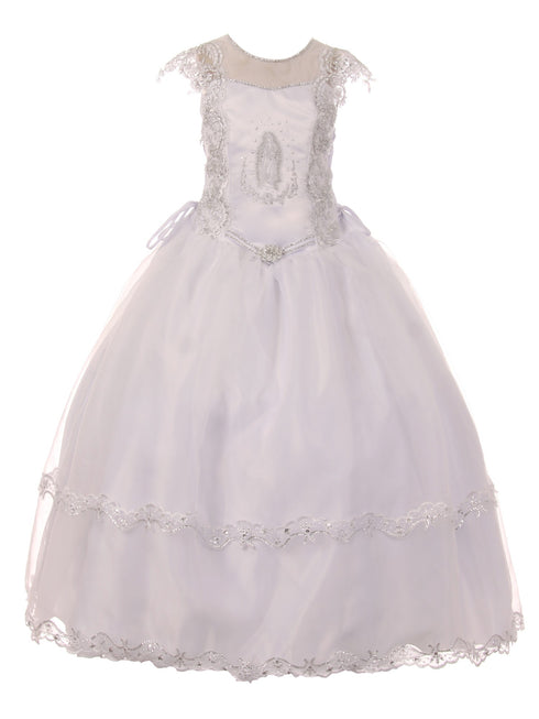 Big Girls White Illusion Neck Embroidered Satin Organza Communion Dress 7-20 - SophiasStyle.com