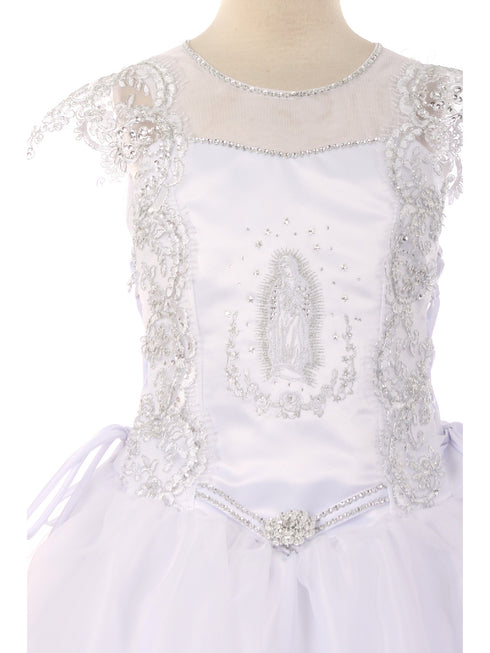 Big Girls White Illusion Neck Embroidered Satin Organza Communion Dress 7-20 - SophiasStyle.com