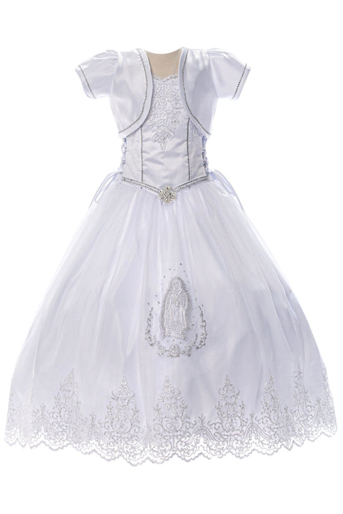 Big Girls White Virgin Mary Rhinestone Brooch Bolero Communion Dress 7-24 - SophiasStyle.com