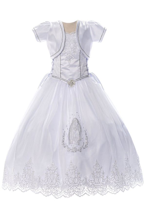 Big Girls White Virgin Mary Rhinestone Brooch Bolero Communion Dress 7-24 - SophiasStyle.com