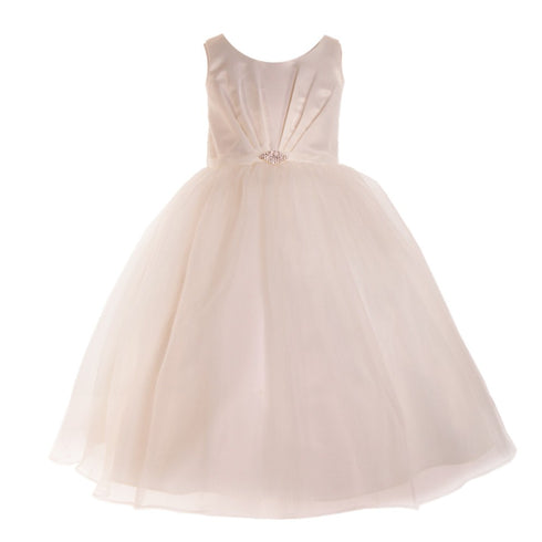 Petite Adele Little Girls Ivory Satin Organza Brooch Flower Girl Dress 2T-6 - SophiasStyle.com