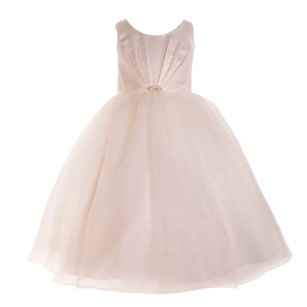 Petite Adele Little Girls Ivory Satin Organza Brooch Flower Girl Dress 2T-6 - SophiasStyle.com
