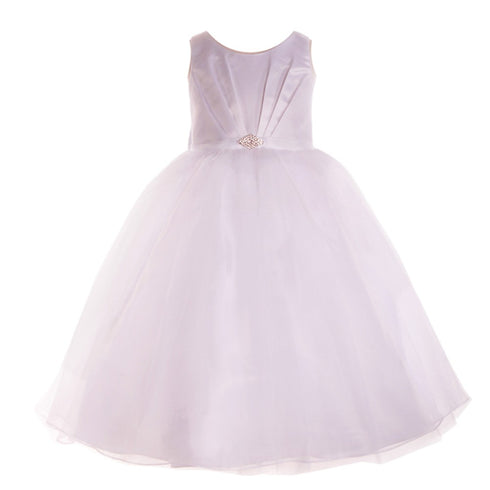 Petite Adele Little Girls White Satin Organza Brooch Flower Girl Dress 2T-6 - SophiasStyle.com