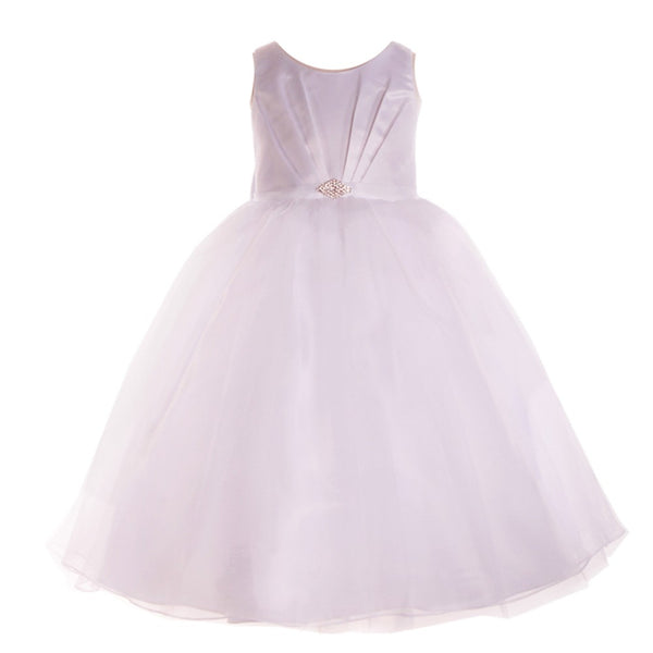 Petite Adele Little Girls White Satin Organza Brooch Flower Girl Dress 2T-6 - SophiasStyle.com