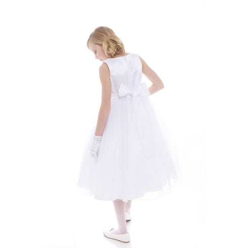 Petite Adele Little Girls White Satin Organza Brooch Flower Girl Dress 2T-6 - SophiasStyle.com