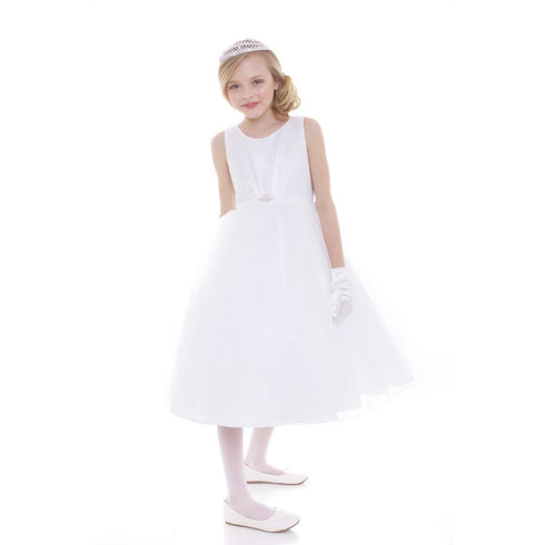Petite Adele Little Girls White Satin Organza Brooch Flower Girl Dress 2T-6 - SophiasStyle.com