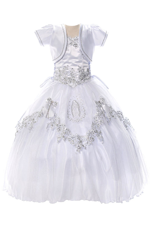 Big Girls White Virgin Mary Beaded Lace Bow Bolero Communion Dress 7-24 - SophiasStyle.com