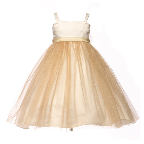 Petite Adele Big Girls Champagne Satin Mesh Junior Bridesmaid Dress 8-12 - SophiasStyle.com