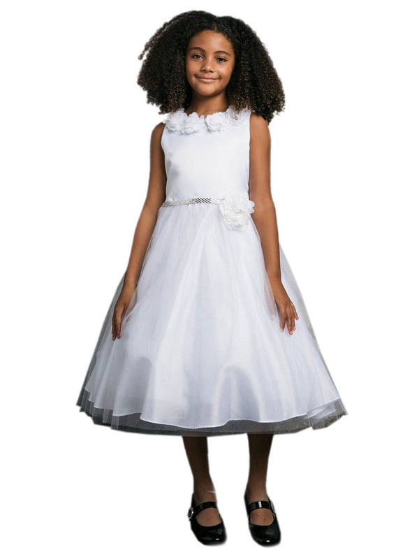 Petite Adele Girls White Floral Neck Rhinestone Belt Satin Tulle Dress 2-6 - SophiasStyle.com