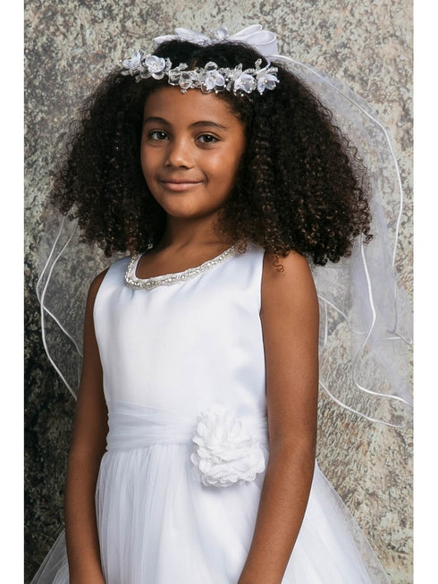 Petite Adele Girls White Floral Neck Rhinestone Belt Satin Tulle Dress 2-6 - SophiasStyle.com