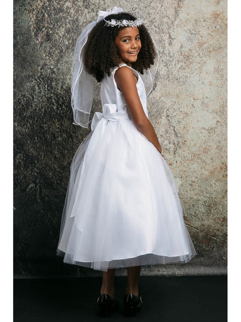 Petite Adele Big Girls White Floral Neck Rhinestone Belt Satin Tulle Dress 8-16 - SophiasStyle.com