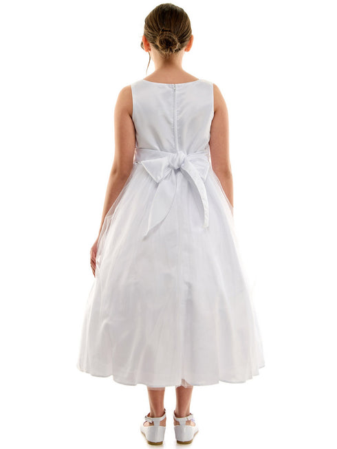 Petite Adele Big Girls White Dull Satin Brooch Junior Bridesmaid Dress 8-12 - SophiasStyle.com