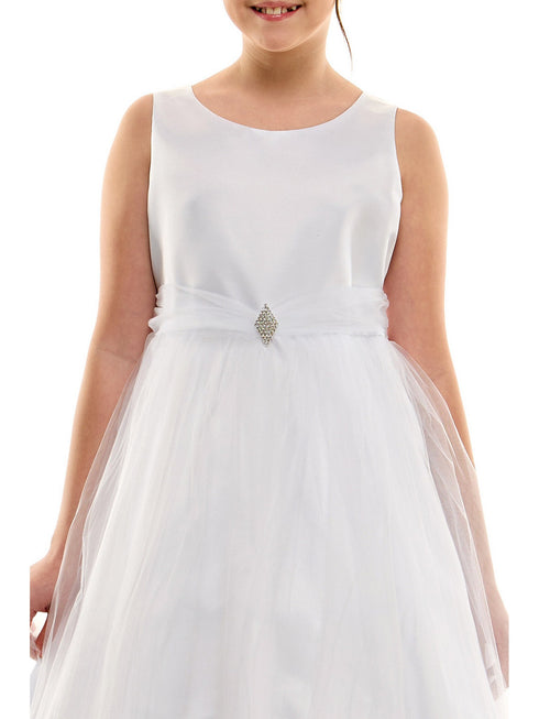 Petite Adele Little Girls White Dull Satin Glitter Brooch Flower Girl Dress 2T-6 - SophiasStyle.com